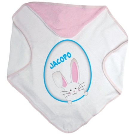 Accappatoio neonato personalizzato con nome coniglietto sbuca dall'uovo Pasqua