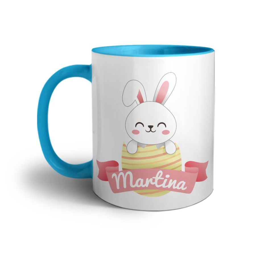 Tazza personalizzata con nome coniglietto che esce dall'ovetto Pasqua