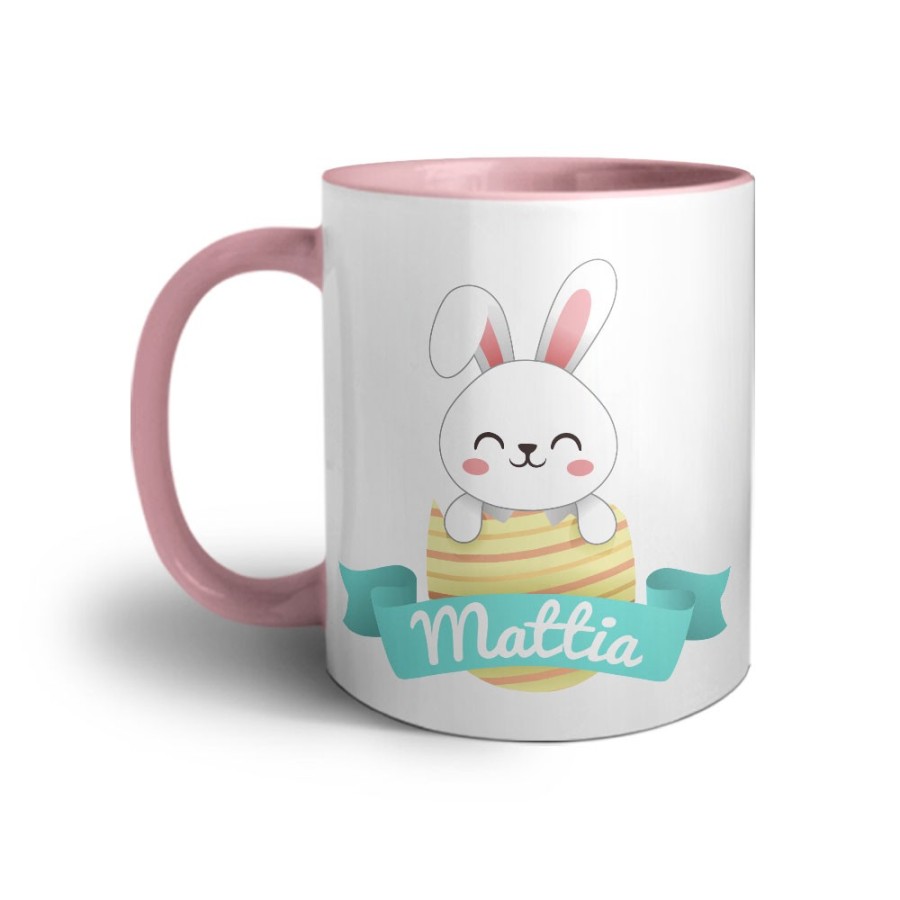 Tazza personalizzata con nome coniglietto che esce dall'ovetto Pasqua