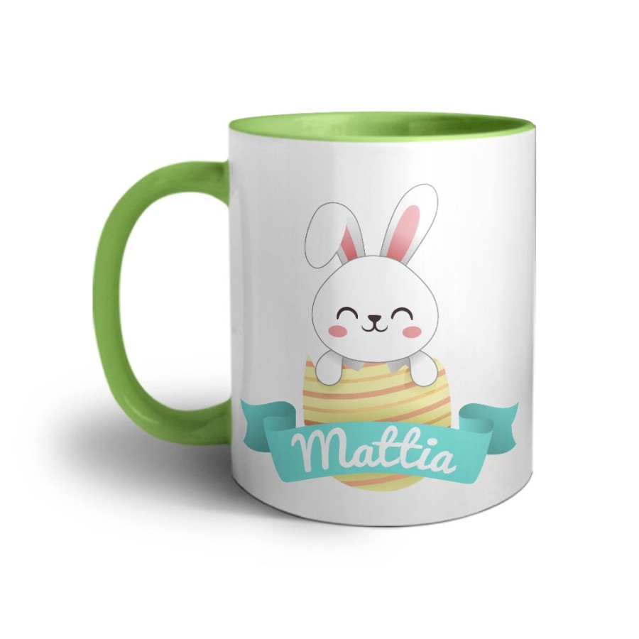 Tazza personalizzata con nome coniglietto che esce dall'ovetto Pasqua