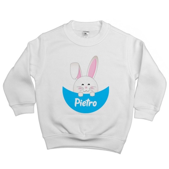 Felpa bambino personalizzata con nome coniglietto che esce dalla tasca Pasqua