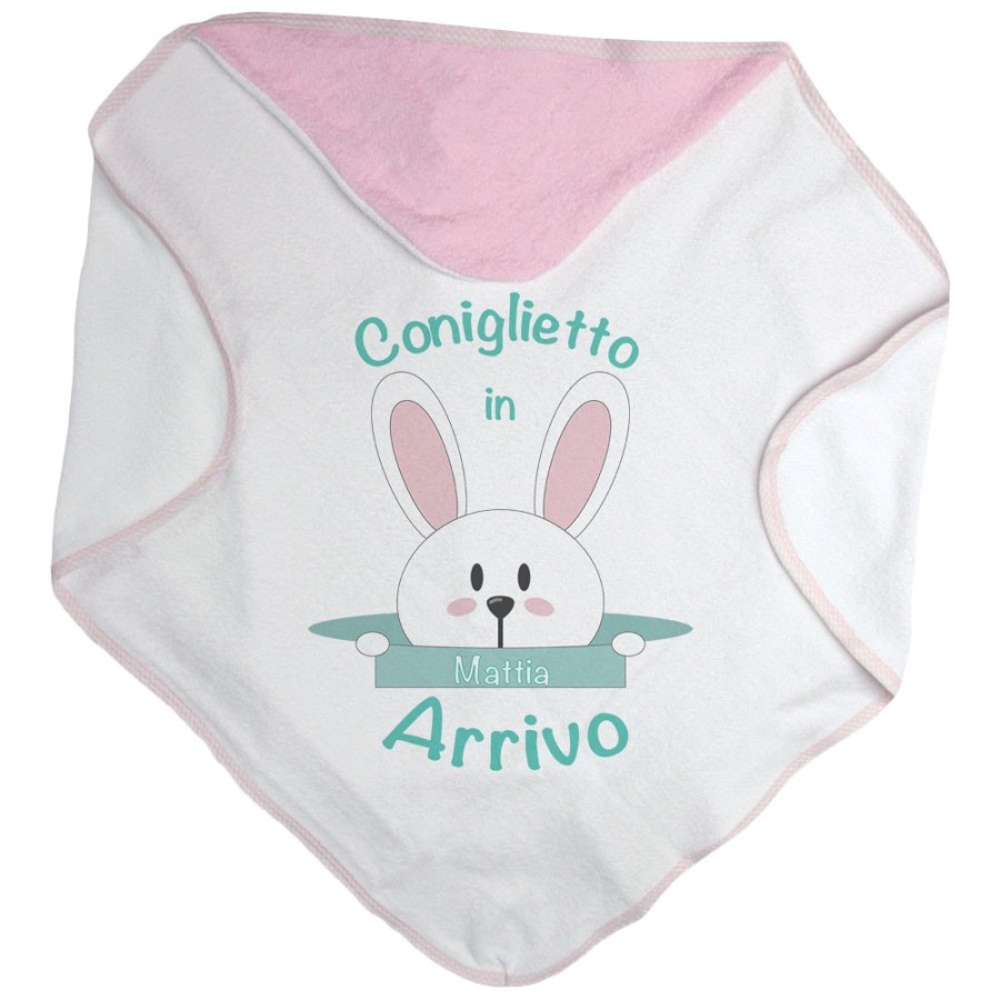 Accappatoio neonato personalizzabile con nome coniglietto in arrivo Pasqua