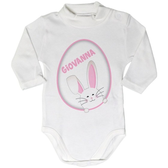 Body lupetto neonato personalizzato con nome coniglietto sbuca dall'uovo Pasqua