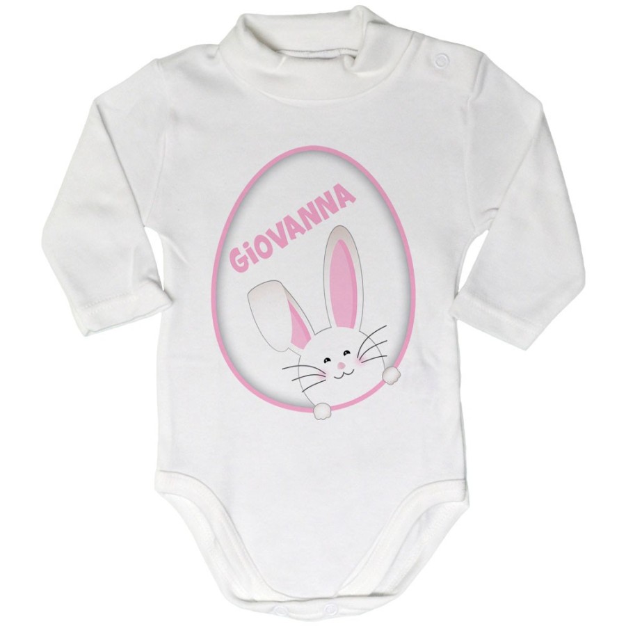 Body lupetto neonato personalizzato con nome coniglietto sbuca dall'uovo Pasqua