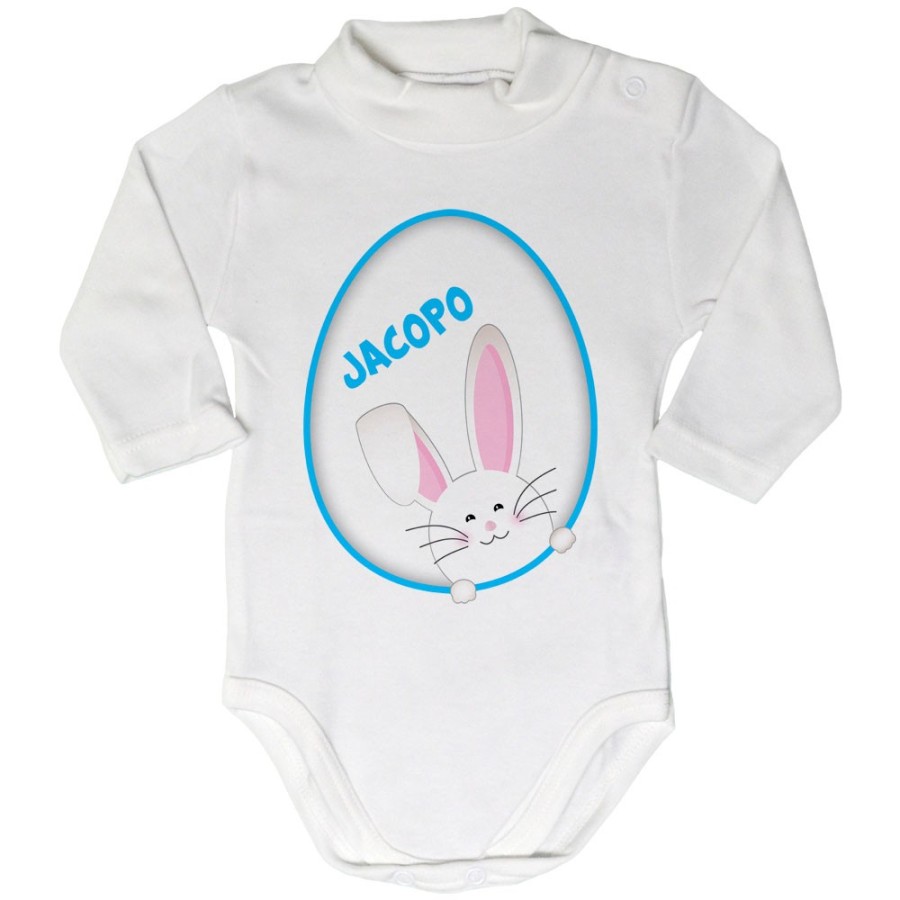 Body lupetto neonato personalizzato con nome coniglietto sbuca dall'uovo Pasqua