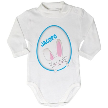 Body lupetto neonato personalizzato con nome coniglietto sbuca dall'uovo Pasqua