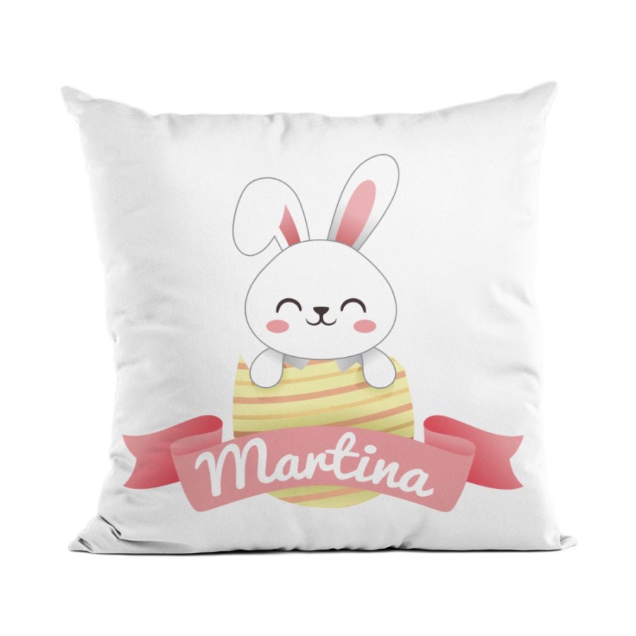 Cuscino personalizzato con nome coniglietto che esce dall'ovetto Pasqua