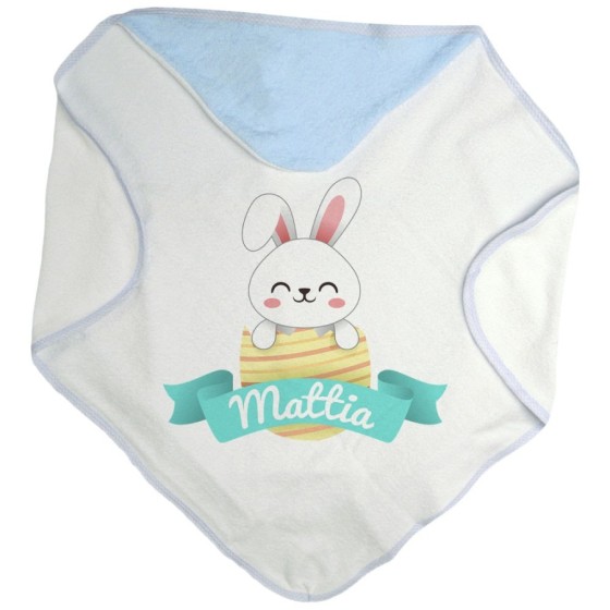 Accappatoio neonato personalizzato con nome coniglietto che esce dall'ovetto Pasqua