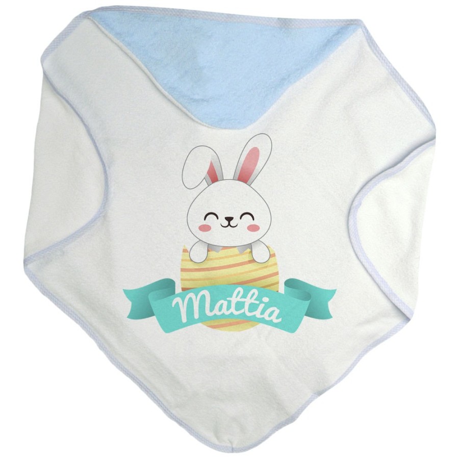 Accappatoio neonato personalizzato con nome coniglietto che esce dall'ovetto Pasqua