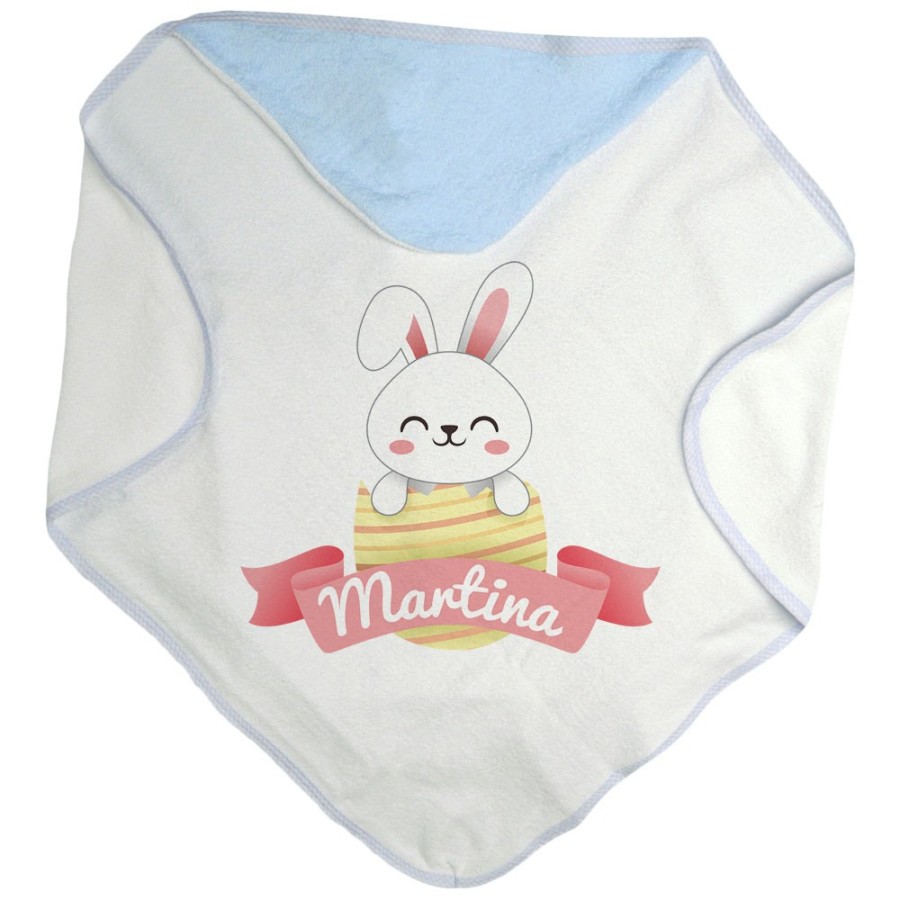 Accappatoio neonato personalizzato con nome coniglietto che esce dall'ovetto Pasqua