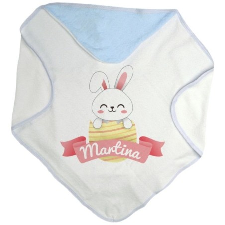 Accappatoio neonato personalizzato con nome coniglietto che esce dall'ovetto Pasqua