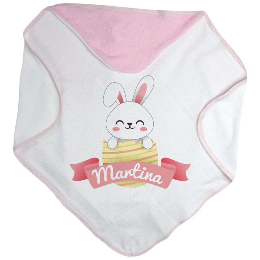 Accappatoio neonato personalizzato con nome coniglietto che esce dall'ovetto Pasqua