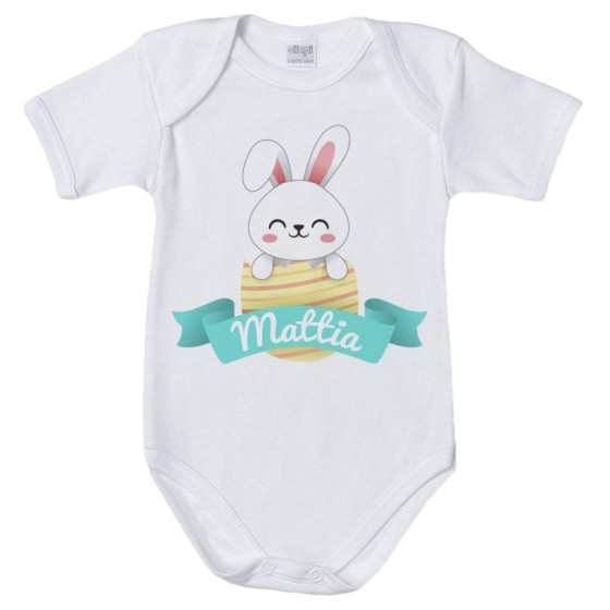 Body neonato personalizzato con nome coniglietto che esce dall'ovetto Pasqua