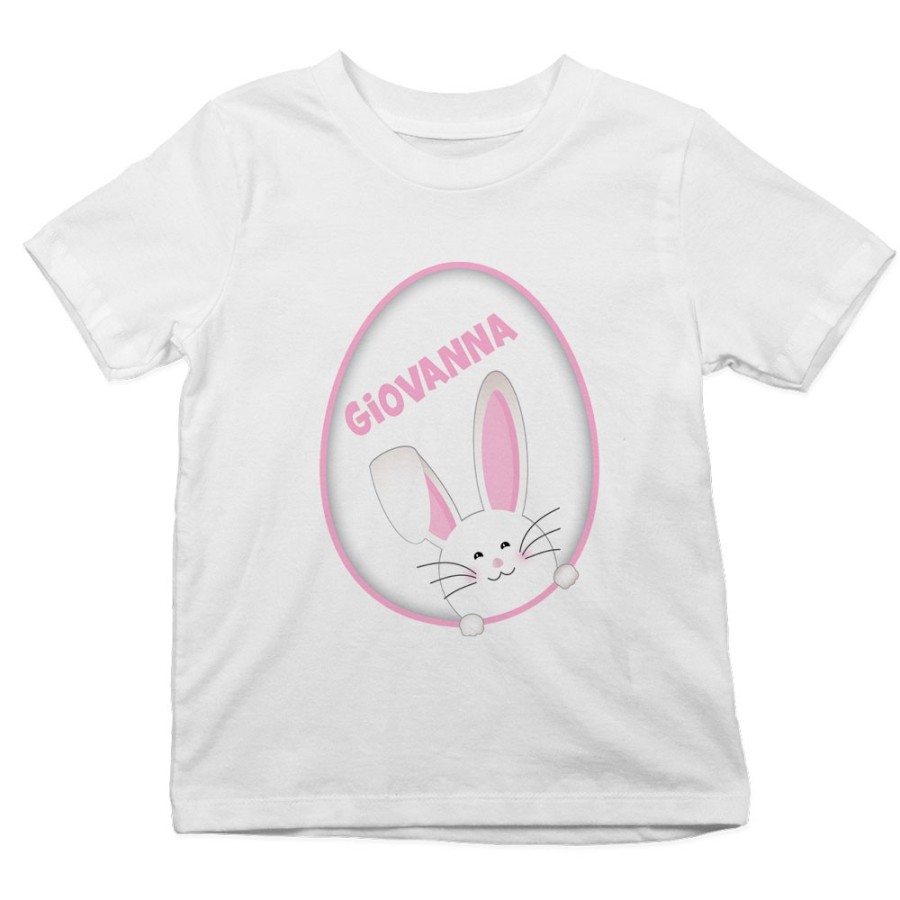 T-shirt bambino personalizzata con nome coniglietto sbuca dall'uovo Pasqua
