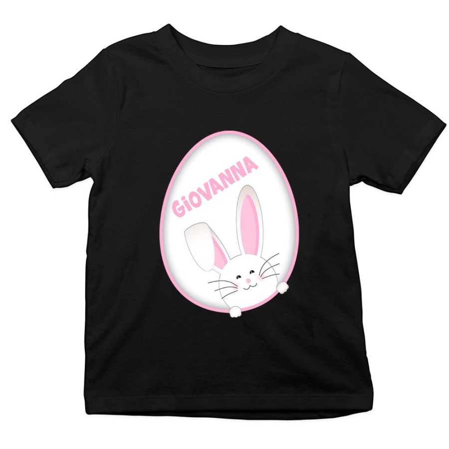 T-shirt bambino personalizzata con nome coniglietto sbuca dall'uovo Pasqua