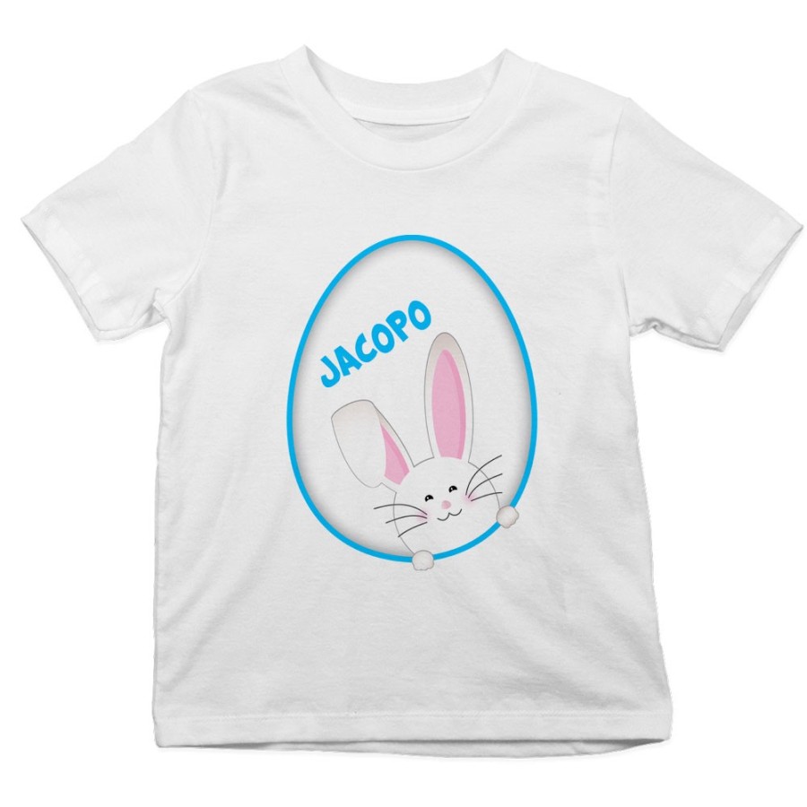 T-shirt bambino personalizzata con nome coniglietto sbuca dall'uovo Pasqua