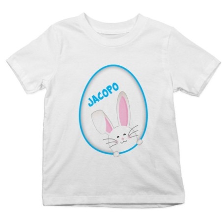 T-shirt bambino personalizzata con nome coniglietto sbuca dall'uovo Pasqua