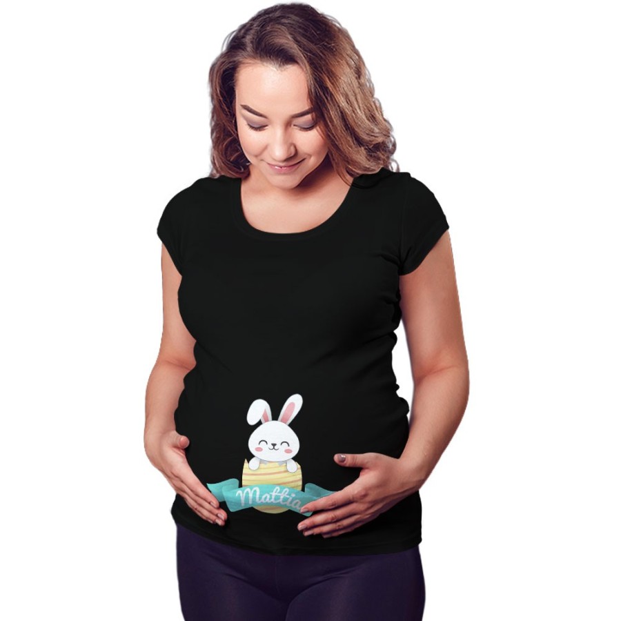 Maglia premaman personalizzata con nome coniglietto che esce dall'ovetto Pasqua