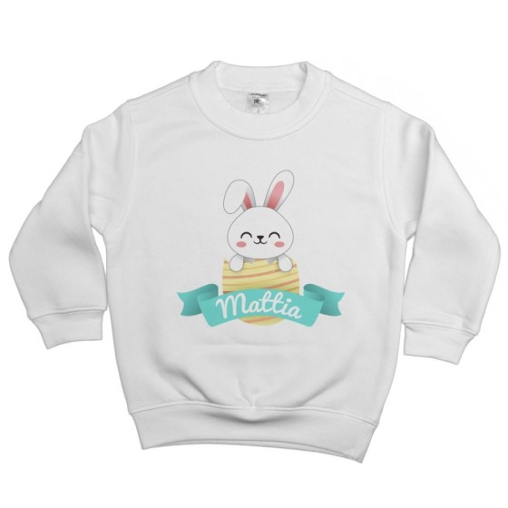 Felpa bambino personalizzata con nome coniglietto che esce dall'ovetto Pasqua