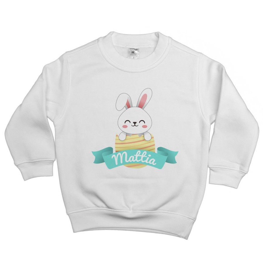 Felpa bambino personalizzata con nome coniglietto che esce dall'ovetto Pasqua