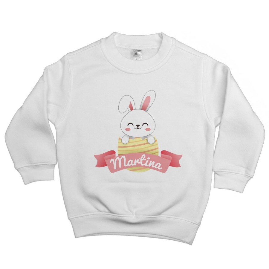 Felpa bambino personalizzata con nome coniglietto che esce dall'ovetto Pasqua
