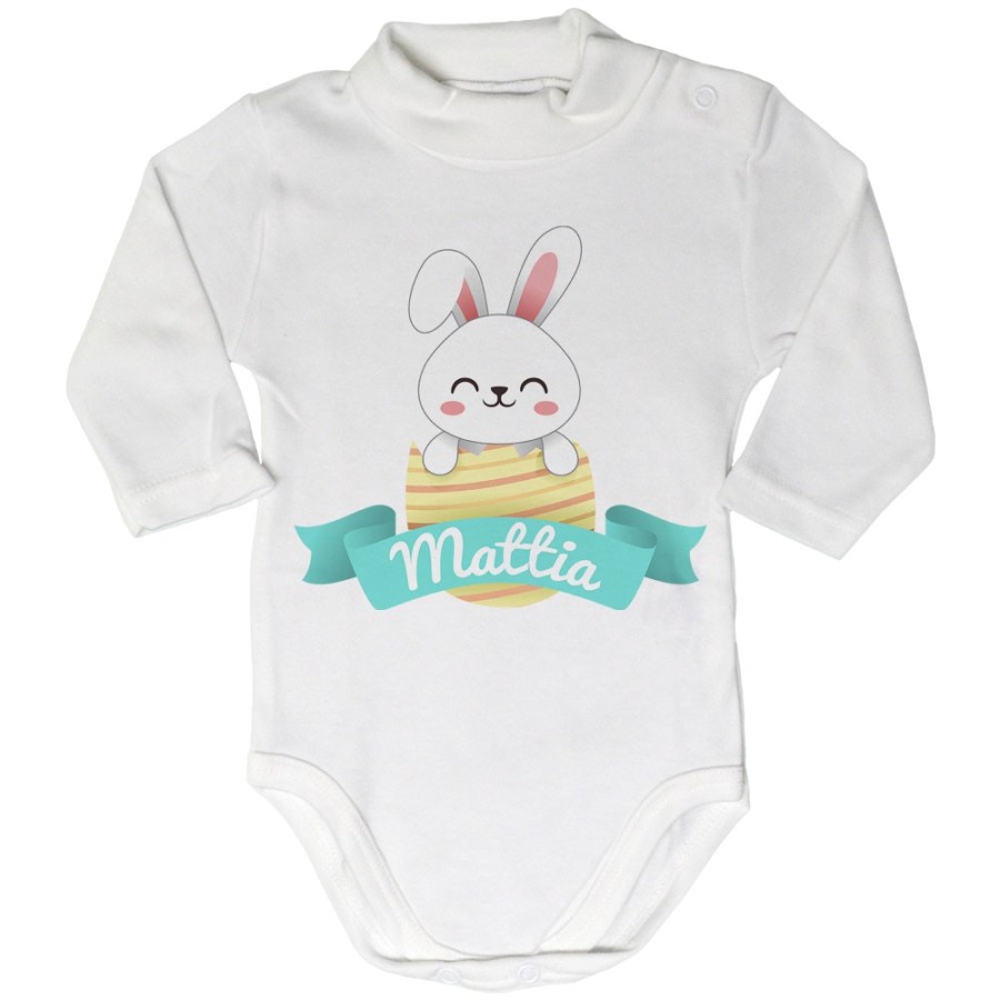 Body lupetto neonato personalizzato con nome coniglietto che esce dall'ovetto Pasqua