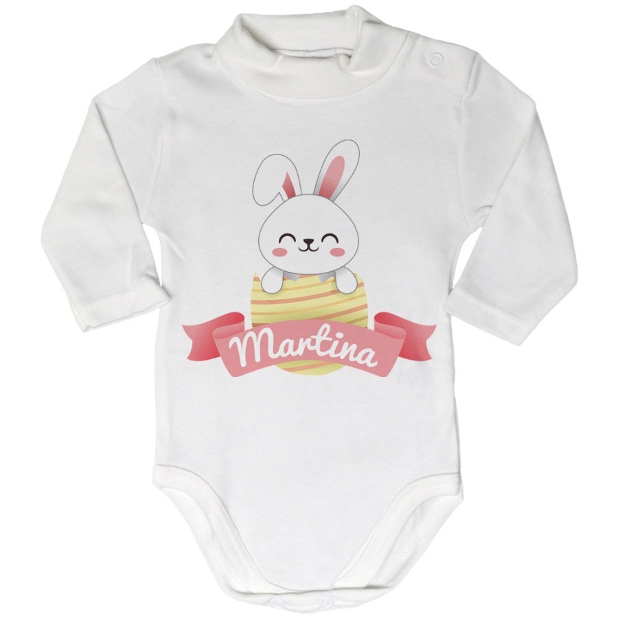Body lupetto neonato personalizzato con nome coniglietto che esce dall'ovetto Pasqua
