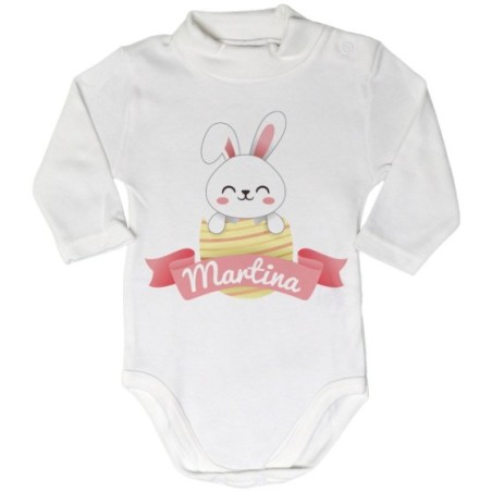 Body lupetto neonato personalizzato con nome coniglietto che esce dall'ovetto Pasqua