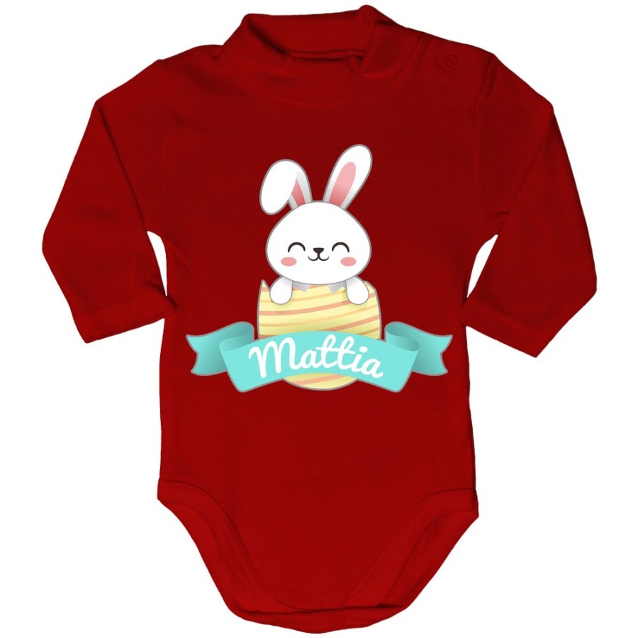Body lupetto neonato personalizzato con nome coniglietto che esce dall'ovetto Pasqua
