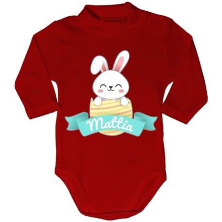 Body lupetto neonato personalizzato con nome coniglietto che esce dall'ovetto Pasqua