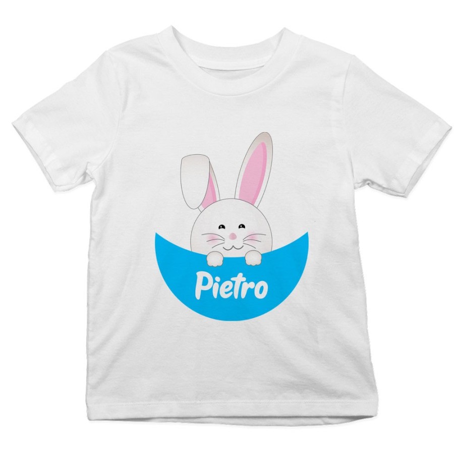 T-shirt bambino personalizzata con nome coniglietto che esce dalla tasca Pasqua