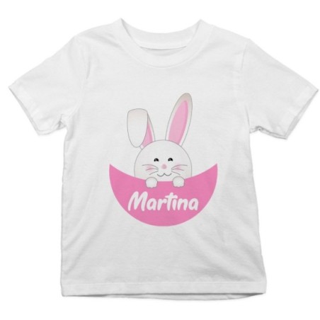 T-shirt bambino personalizzata con nome coniglietto che esce dalla tasca Pasqua