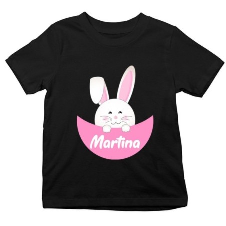 T-shirt bambino personalizzata con nome coniglietto che esce dalla tasca Pasqua