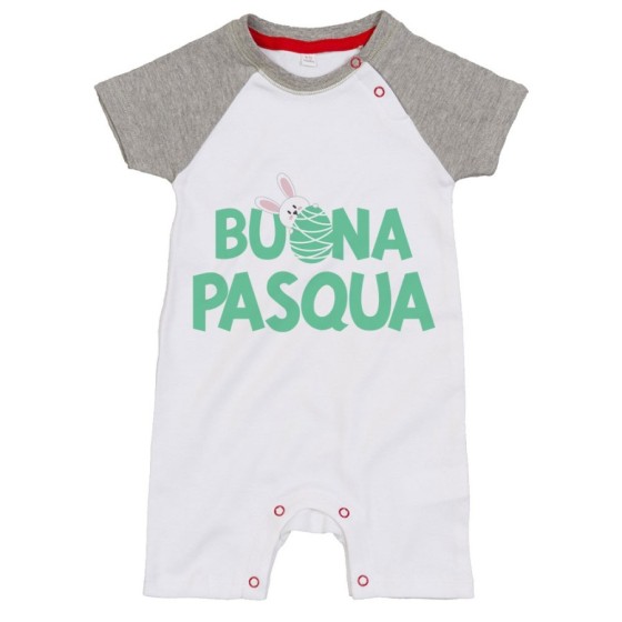 Pagliaccetto neonato buon pasqua con coniglietto che sbuca dall'ovetto Pasqua