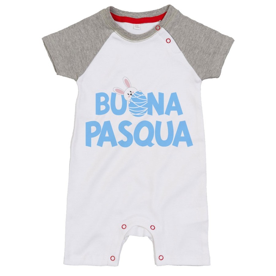 Pagliaccetto neonato buon pasqua con coniglietto che sbuca dall'ovetto Pasqua