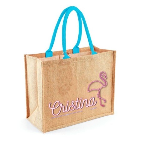 Borsa mare in juta fenicottero personalizzata con nome