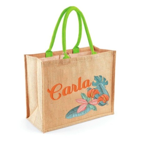 Borsa mare in juta fiori e foglie personalizzata con nome