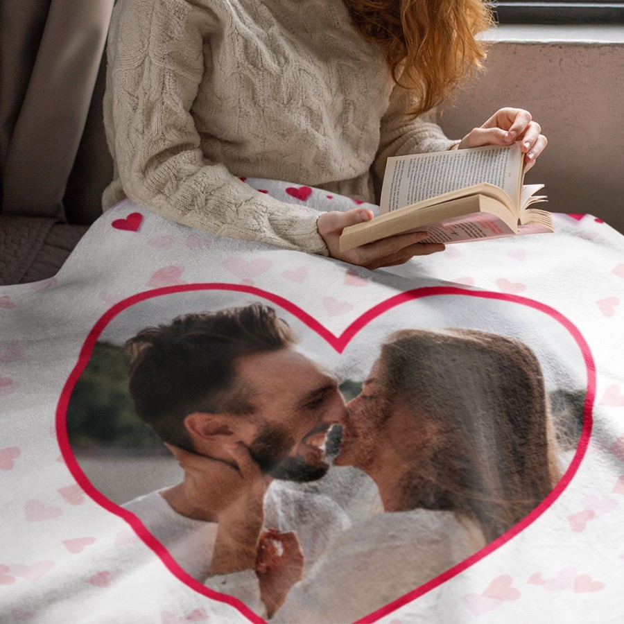 Plaid coperta in pile personalizzata con foto nel cuore con cuori di sfondo Love