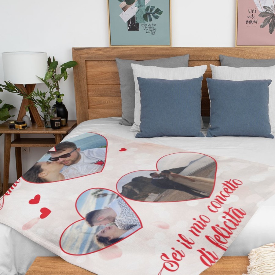 Plaid coperta in pile personalizzata con foto nei cuori sei il mio concetto di felicità Love