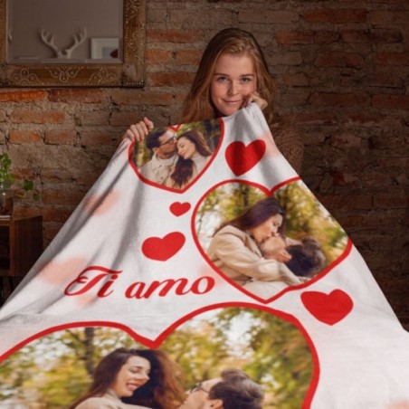 Plaid coperta in pile personalizzata con foto nei cuori ti amo Love