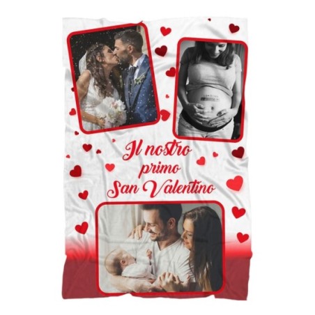 Plaid coperta in pile personalizzata con foto nei cuori il nostro primo san valentino Love