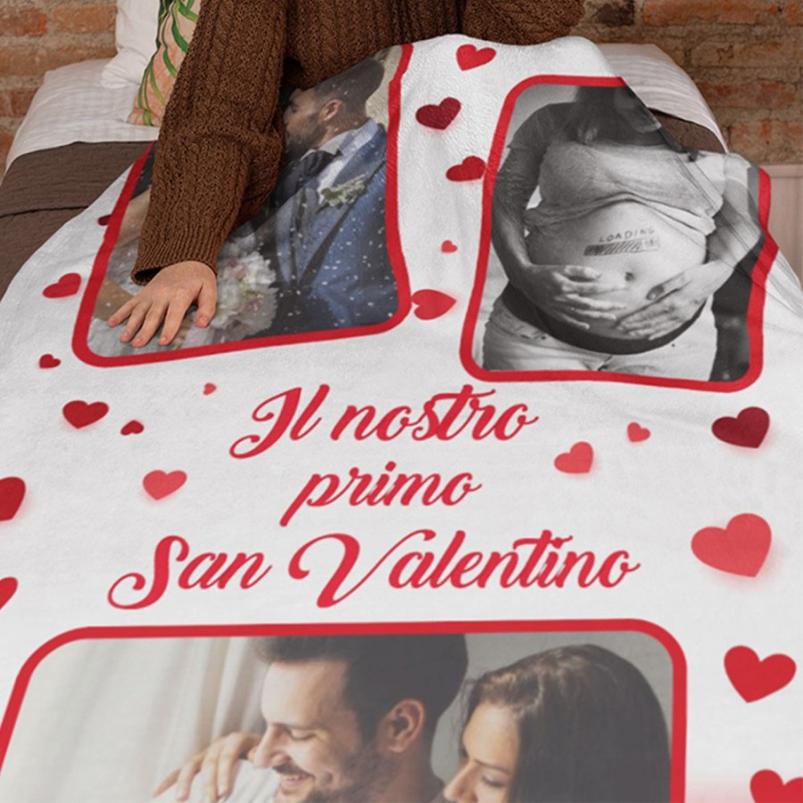 Plaid coperta in pile personalizzata con foto nei cuori il nostro primo san valentino Love