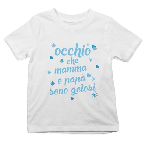 T-shirt bambino occhio che mamma e papà sono gelosi con cuori e stelle Per la famiglia