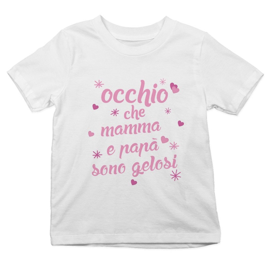 T-shirt bambino occhio che mamma e papà sono gelosi con cuori e stelle Per la famiglia