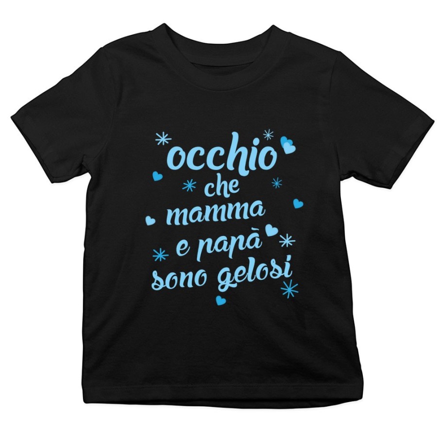 T-shirt bambino occhio che mamma e papà sono gelosi con cuori e stelle Per la famiglia
