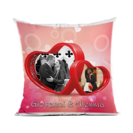 Cuscino personalizzato con nomi data e foto due cuori