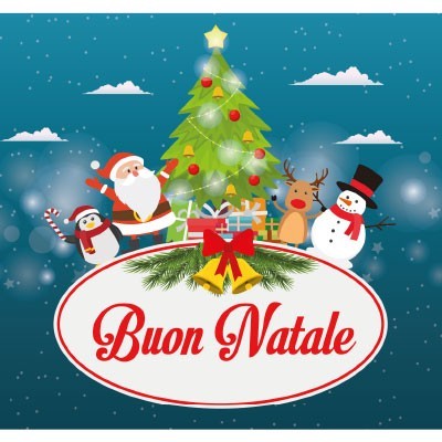 buon natale con babbo natale e personaggi natalizi