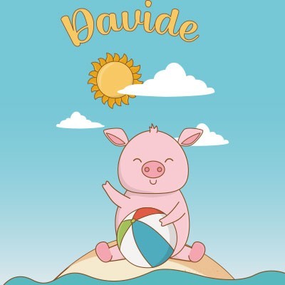 Baby maialino con la palla in spiaggia