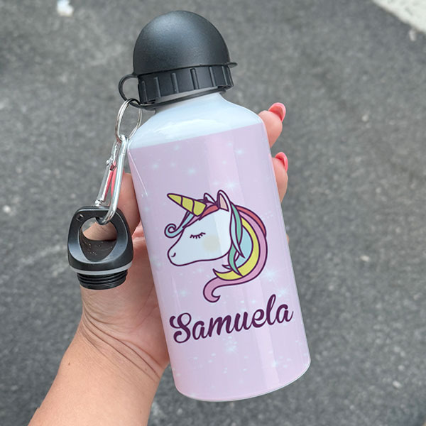 Borraccia personalizzata per bambini con nome Samuela e grafica unicorno su sfondo rosa